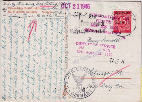 All.Bes. - 45 Pfg. Ziffer Zensurkarte n. USA München - Chicago 30.8.46 Retour