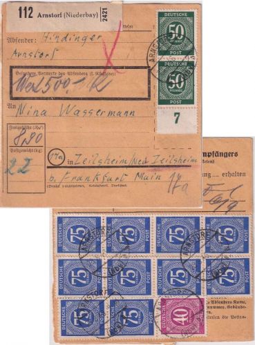 All.Bes. - 10x75 Pfg. Ziffer u.a. Wertpaketkarte Arnstorf - Zeilsheim 28.8.46