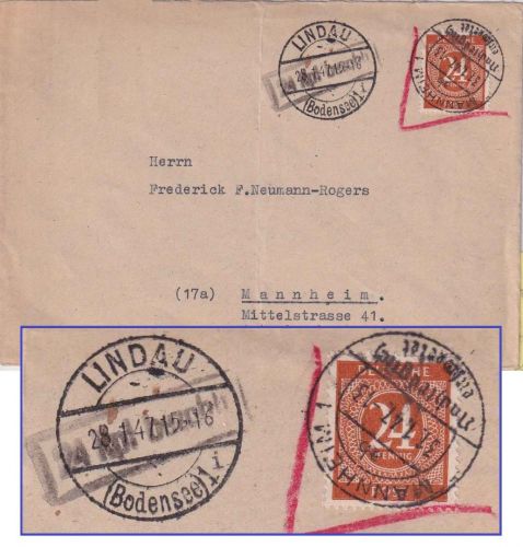All.Bes. - 24 Pfg. Ziffer/Gebühr bezahlt Brief Lindau - Mannheim 28.1.47
