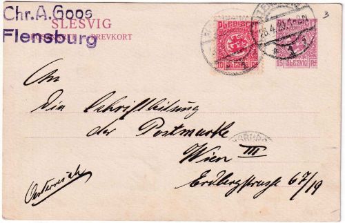 Dt. Abstimmungsgeb./Schleswig - 15 Pfg, Ganzsache+Zusatz n. ÖSTERREICH 26.4.20