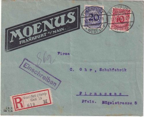 DR - 20+10 Pfg. Korbdeckel Einschreibebrief/Selbucher + Perfin Moenus Frankfurt