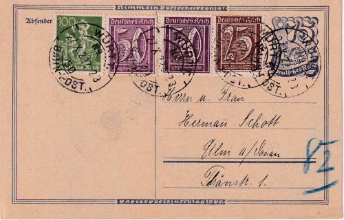DR-Infla - Württ. Bahnpost No.50 75 Pfg. Postreiter-Ganzsache+Zusatz 1922