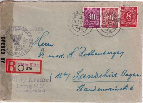 All.Bes. - 60+40+8 Pfg Ziffer Einschreibebrief Leipzig - Landshut 1947 US-Zensur