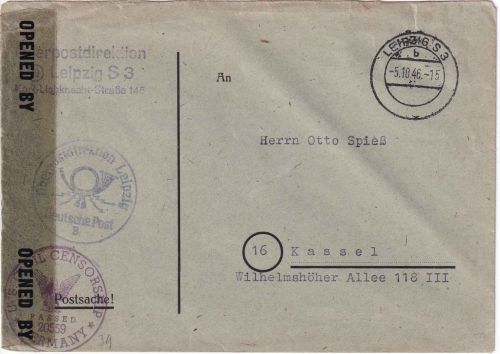 All.Bes. - Leipzig S3 5.10.46 Postsache n. Kassel US-Zensur