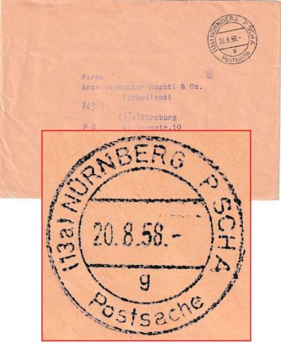 BRD - (13a) Nürnberg PSCHA Postsache 20.8.58 Tagesstpl. Postsache n. Würzburg