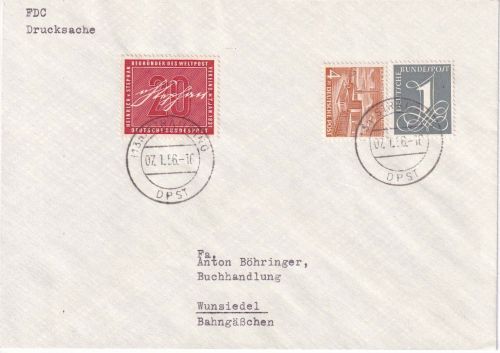 BRD - 20 Pfg. Stephan u.a. FDC (13a) Straubing DPST (Devisenpoststelle) 7.1.56