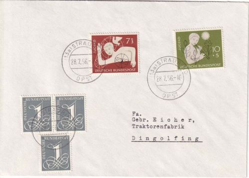 BRD - 7+20 Pfg. Jugend u.a. Brief (13a) Straubing DPST (Devisenpoststelle) 1956