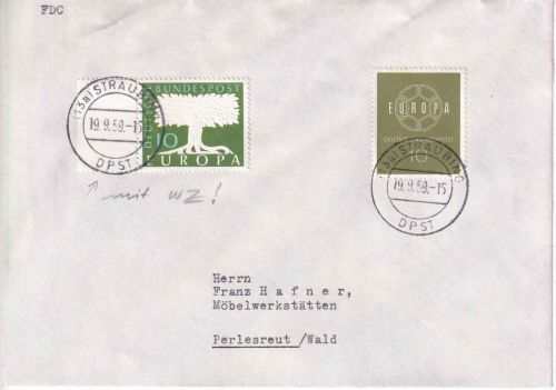 BRD - 10 Pfg. Europa/Wz. ua. Brief (13a) Straubing DPST (Devisenpoststelle) 1959