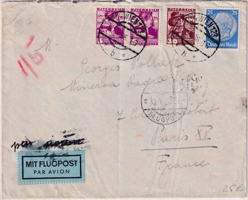 DR - Wien 30.5.38 Luftpostbrief n. FRANKREICH Mischfrankatur DR/AT