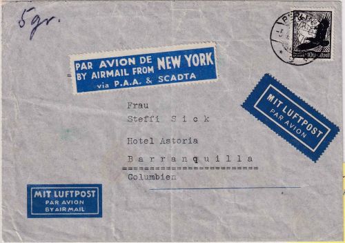 DR - 100 Pfg. Adler/Weltkugel Luftpostbrief n. KOLUMBIEN Berlin 5.4.37