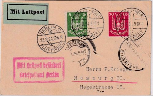DR - 10+5 Pfg. Holztaube Luftpostkarte Dresden - (Berlin) - Hamburg 22.8.24
