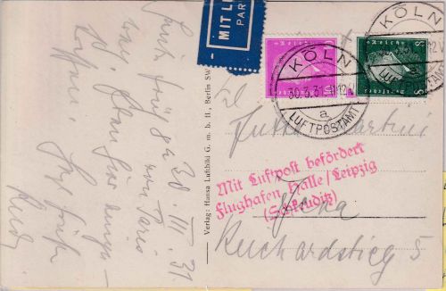 DR - 10+8 Pfg. Ebert Luftpostkarte Köln - Jena 1931 Lupo-Bestätigungsstpl. Halle