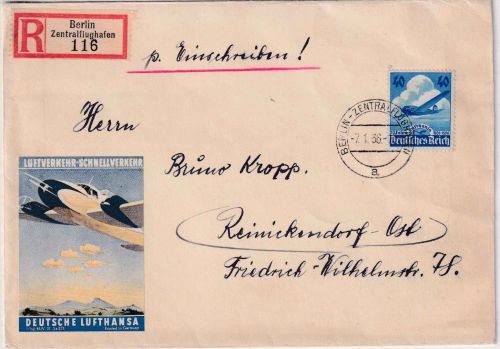 DR - 40 Pfg. Hindenburg Ortseinschreibebrief Berlin 7.1.36 Lufthansa-Vignette
