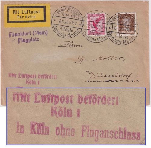 DR - Frankfurt a/M 2 Flugplatz 18.12.26 Luftpost-Drucksache n. Düsseldorf