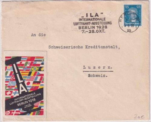 DR - Berlin W35 ILA 1938 Masch.werbestempel + Vignette Brief i.d. SCHWEIZ