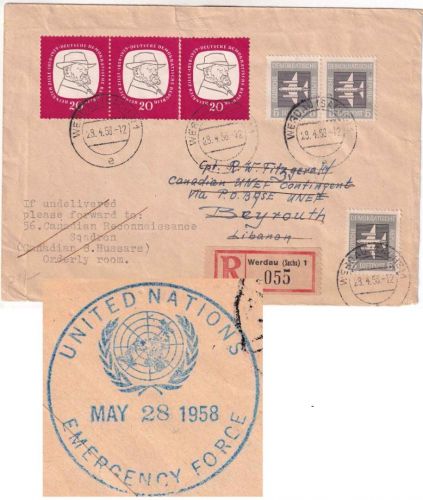DDR - Werdau 1958 Einschreibebrief i.d. LIBANON (Canadian UNEF Contingent)