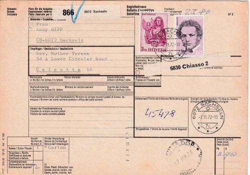 Schweiz - 3 Fr. Hl. Matthäus u.a. Paketkarte n. INDIEN Sachseln - Calcutta 1972