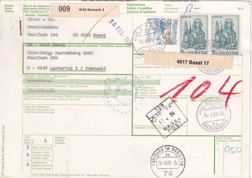 Schweiz - 2x5 Fr. Hl. Markus u.a. Paketkarte Dornach - Lautertal 1986