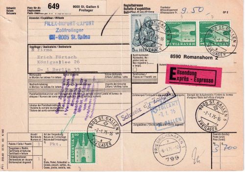 Schweiz - 5 Fr. Hl. Markus ua. Eil-Paketkarte St. Gallen Freilager - Berlin 1975