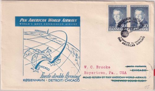 Belgien - PanAm Firstflight Copenhagen - Chicago Zuleitungspost airmail 1954
