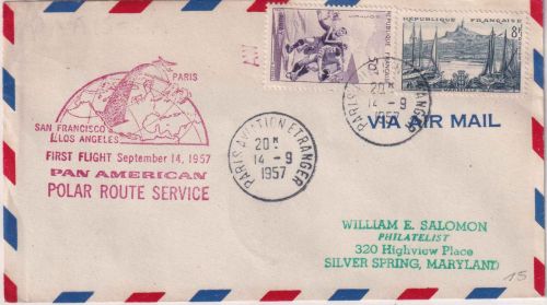 Frankreich - PanAm Firstflight Polar Route Paris San Francisco AMF airmail 1957