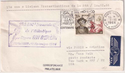 Monaco - PanAm Transatlatik-Flug Jubiläum Paris - New York airmail 1966