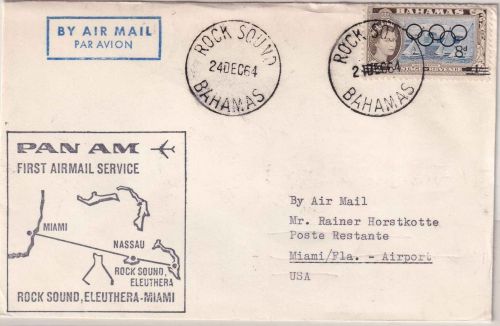 Bahamas - PanAm 1stflight Rock Sound - Miami airmail (Frankatur !!) 1964