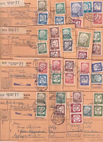 BRD - Heuss/Bedeutende Deutsche 18 Paketkarten mit Mischfrankaturen 1962