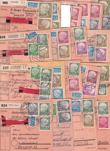 BRD - Heuss I 19 Paketkarten (Normal, Wert, Schnell) Mischfrankaturen 1954/55