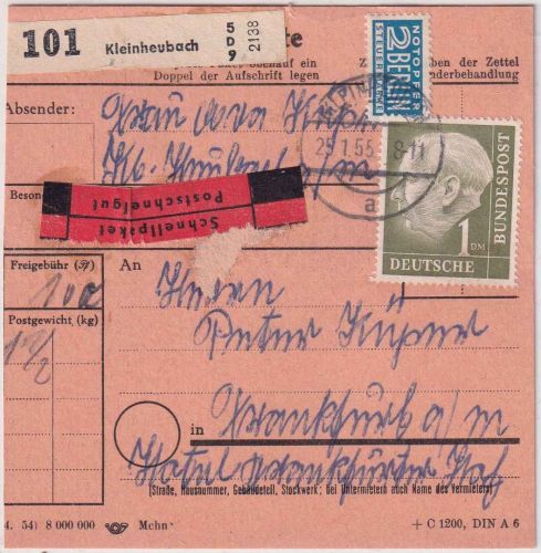 BRD - 1 DM Heuss Schnellpaketkarte Kleinheubach - Frankfurt a/M. 1955