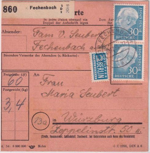 BRD - 30 Pfg. Heuss I senkr. Paar Paketkarte Fechenbach - Würzburg 1954