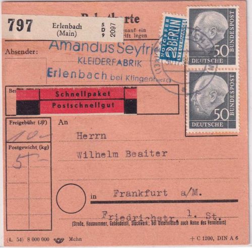 BRD - 50 Pfg. Heuss I senkr. Paar Schnellpaketkarte Ferlenbach - FFM 1954
