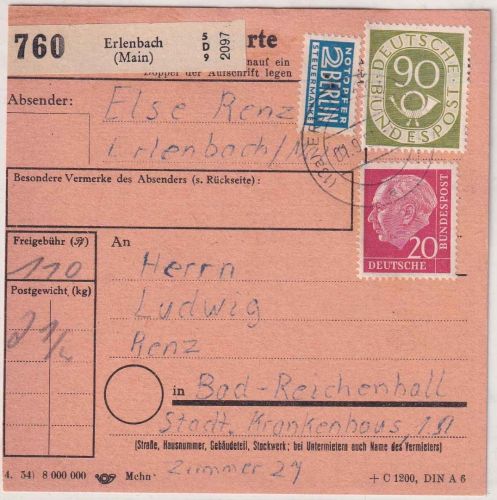 BRD - 90+20 Pfg. Posthorn/Heuss Paketkarte Erlenbach - Bad Reichenhall 1954