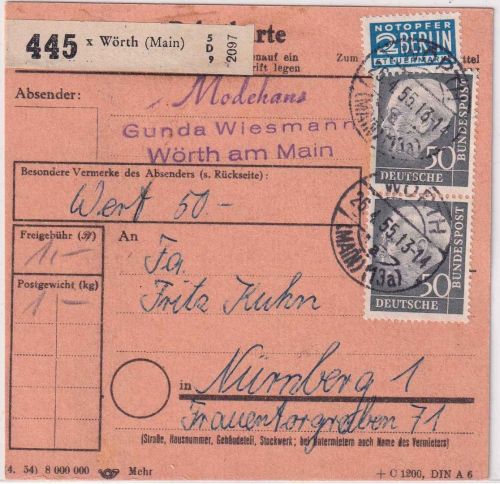 BRD - 50 Pfg. Heuss I senkr. Paar Paketkarte Wörth - Nürnberg 1954