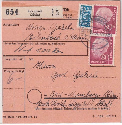 BRD - 2x80 Pfg. Heuss I Wertpaketkarte Erlenbach - Bad Meinberg 1954