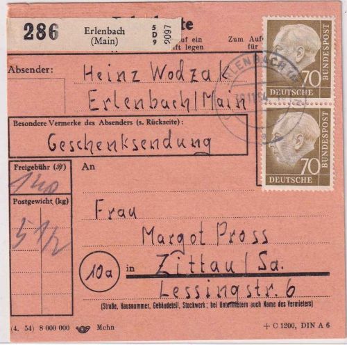BRD - 70 Pfg. Heuss I sekr. Paar Paketkarte Erlenbach - Zittau 1954