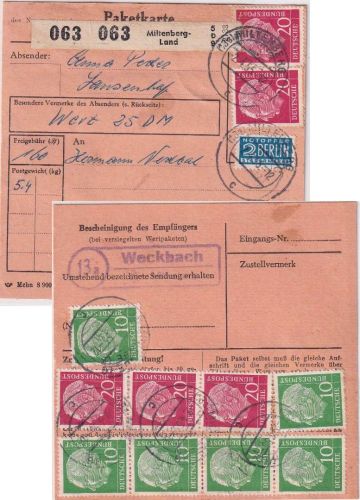 BRD - 5x20+6x10 Pfg. Heuss I Paketkarte Landpost-Ra2 Weckbach ü. Miltenberg 1954