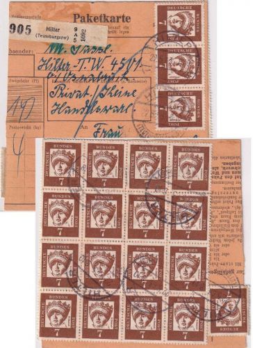 BRD - 20x7 Pfg. y-Papier Bed. Deutsche Paketkarte Hilter - Eisenach 1963