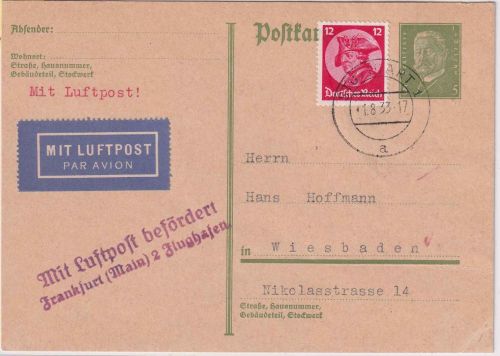 DR - Stuttgart 1933 Luftpostkarte n. Wiesbaden Flugpost DV ü. Frankfurt a/M