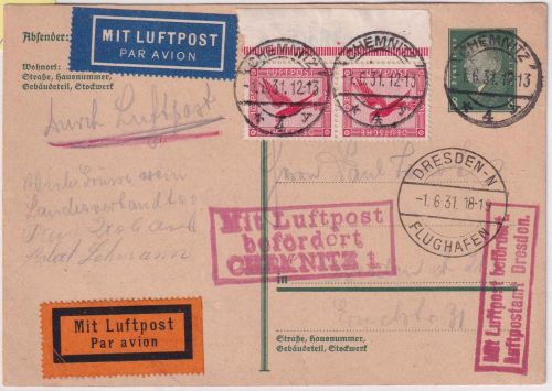DR - Chemnitz 1931 Luftpostkarte n. Dresden Flugpost DLH