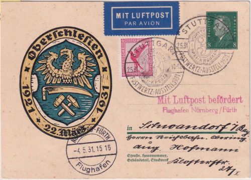 DR - Stuttgart SST 1931 Luftpostkarte n. Schwandorf Flugpost NBV Stuttgart Fürth