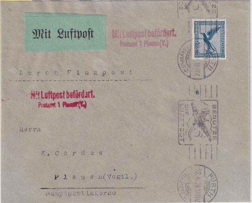DR - Fürth 1926 Luftpostbrief n. Plauen NBV-Erstflug