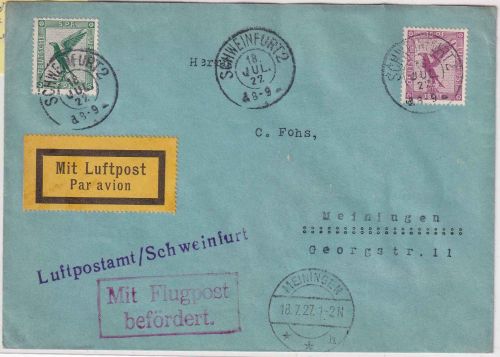 DR - Schweinfurt 1927 Luftpostbrief n. Meiningen NBV-Erstflug 18.7.27
