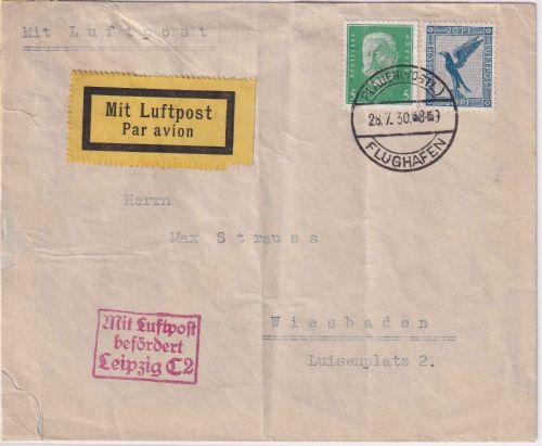 DR - Plauen Flughafen 1930 Luftpostbrief n. Wiesbaden NBV ü. Leipzig