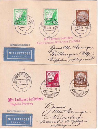 DR - Nürnberg Böblingen u. retour 2 Luftpostkarten/DV-Flüge 31.10.34