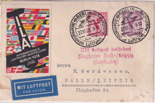 DR - Berlin ILA 1928 SST+Vigntte Luftpostbrief n. Halle