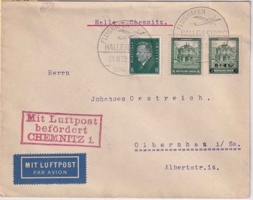 DR - Flughafen Halle/Leipzig 1932 Luftpostbrief n. Olbernhau DLH Halle/Chemnitz