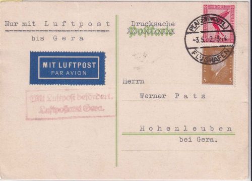 DR - Plauen 1932 Luftpostkarte n. Hohenleuben b. Gera DV Plauen-Gera