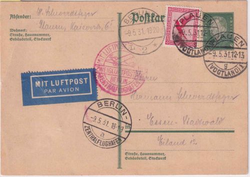 DR - Plauen 1931 Luftpostkarte DV Plauen - Berlin, weiter mit DLH n. Essen