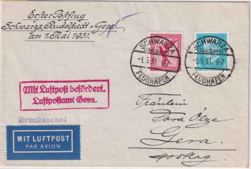 DR - Schwarza Flughafen 1.5.31 Luftpostdrucksache/DV-Erstflug n. Gera